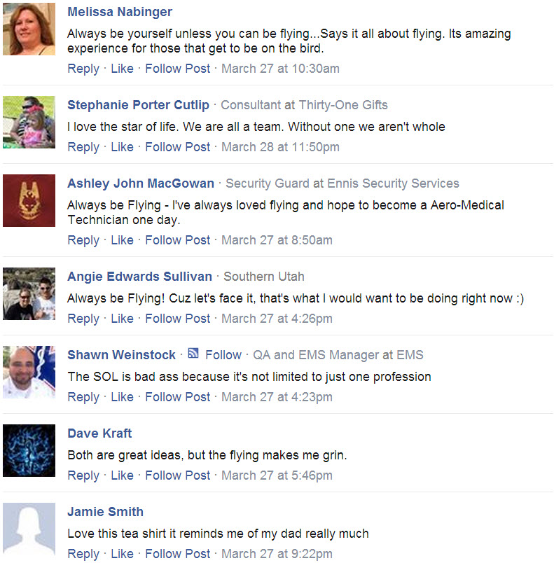 Always Be Flying T-shirt testimonials from facebook